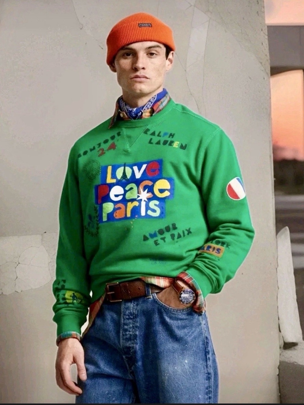 Ralph Lauren Green 'Love Peace Paris' Graphic Crewneck Sweatshirt